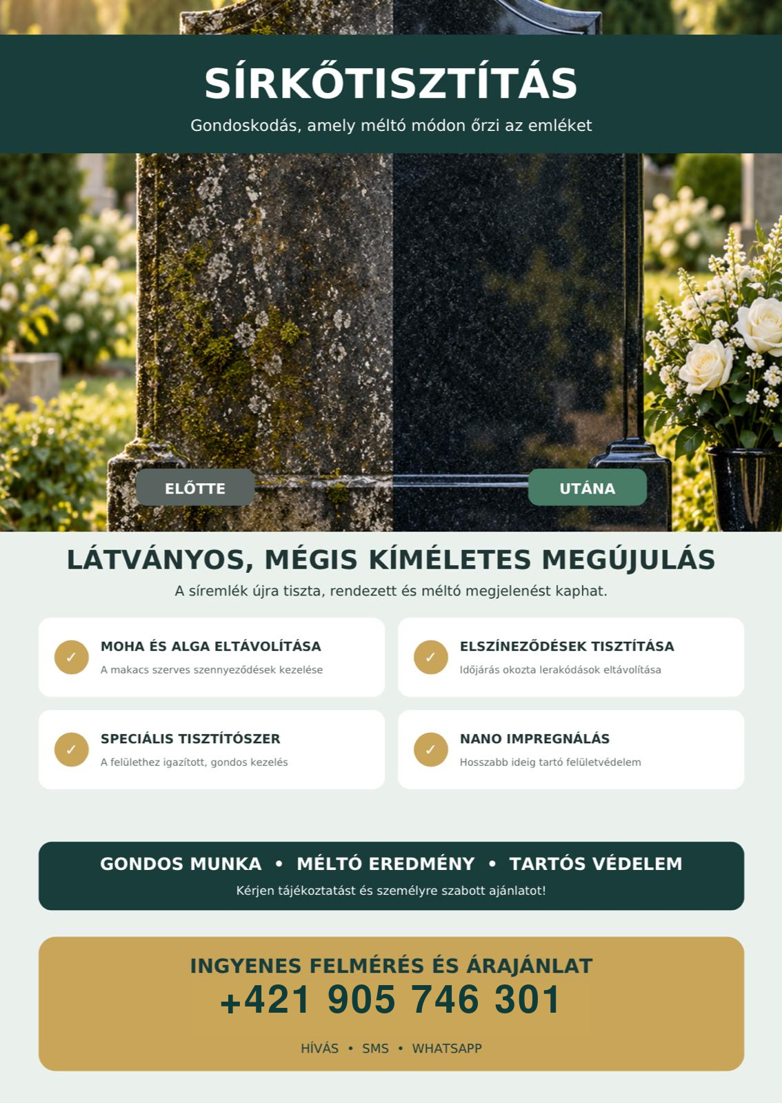 Sírkőtisztítási szórólap látványos előtte–utána bemutatással, szolgáltatásokkal és a +421 905 746 301 telefonszámmal